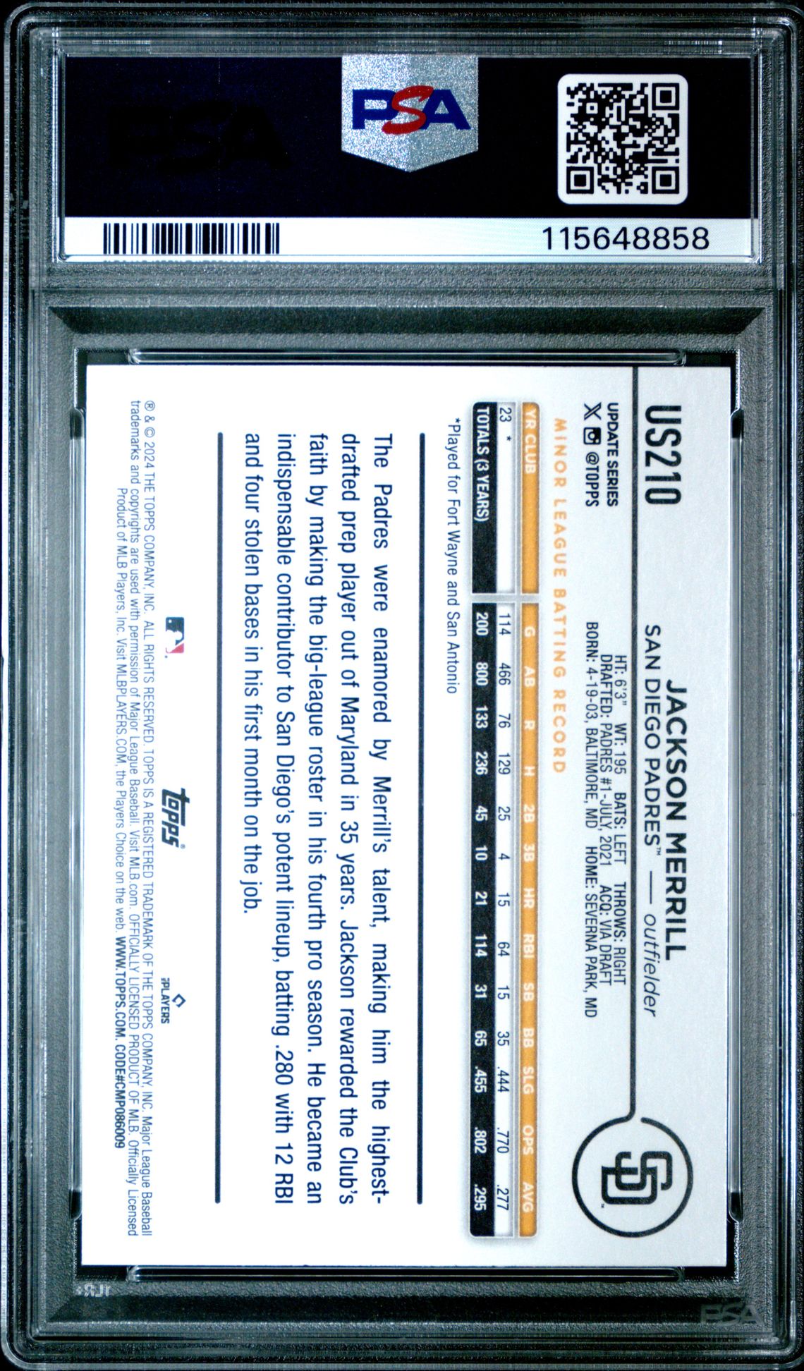 2024 Topps Update Jackson Merrill #Us210 Mint 9 back