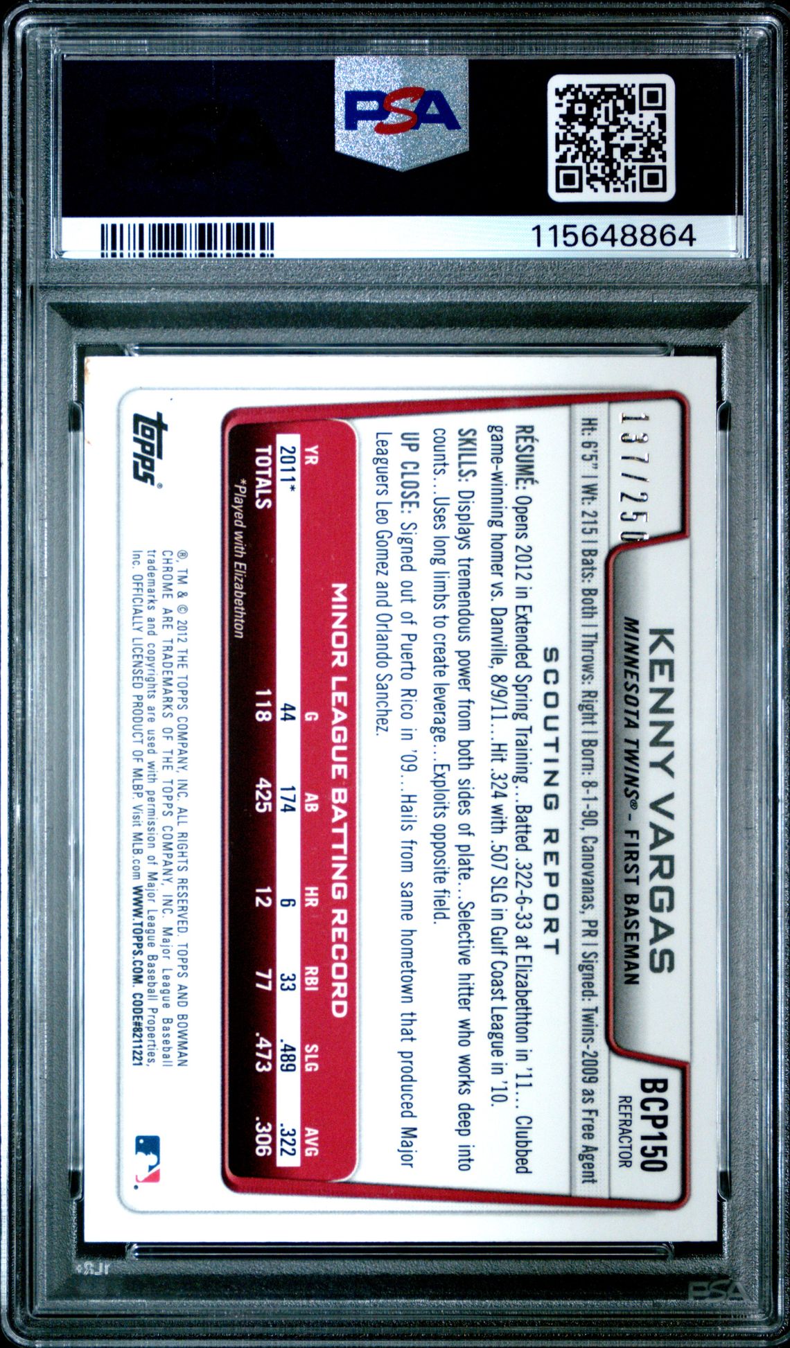 2012 Bowman Chrome Prospects Kenny Vargas #Bcp150 (Prospects-Blue Ref.) Mint 9 back