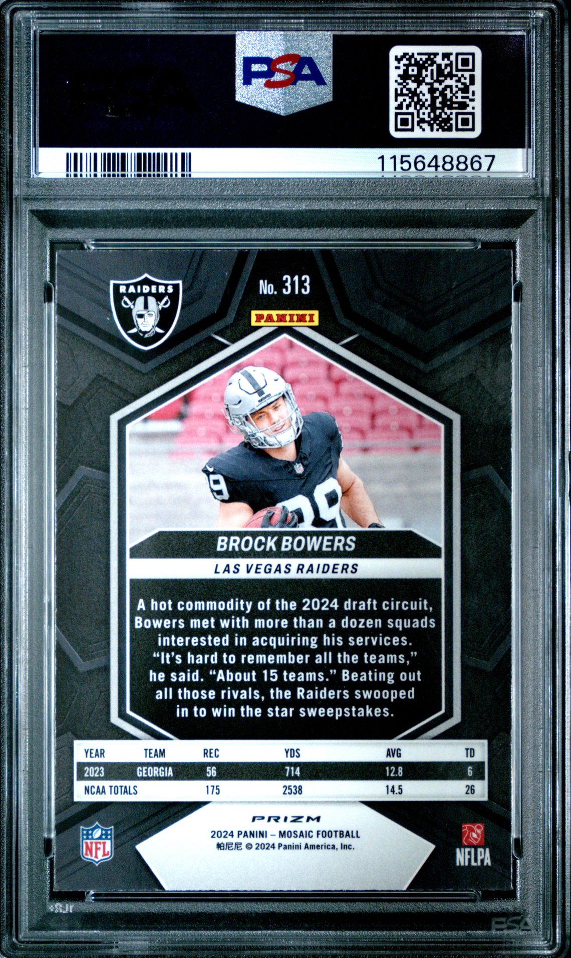 2024 Panini Mosaic Brock Bowers #313 (Green) Gem Mt 10 back
