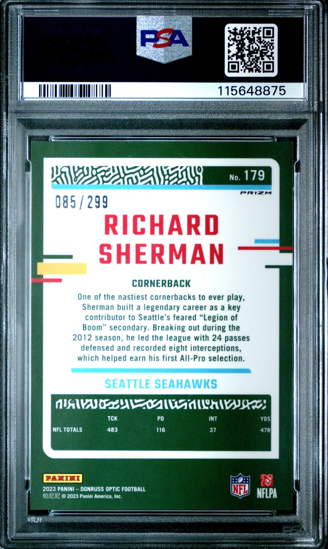 2023 Panini Donruss Optic Richard Sherman #179 (Aqua) Gem Mt 10 back
