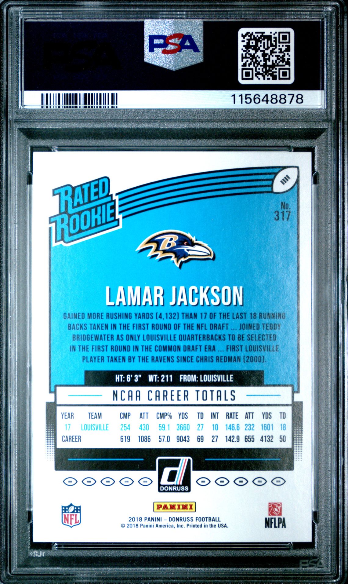 2018 Panini Donruss Lamar Jackson #317 Gem Mt 10 back