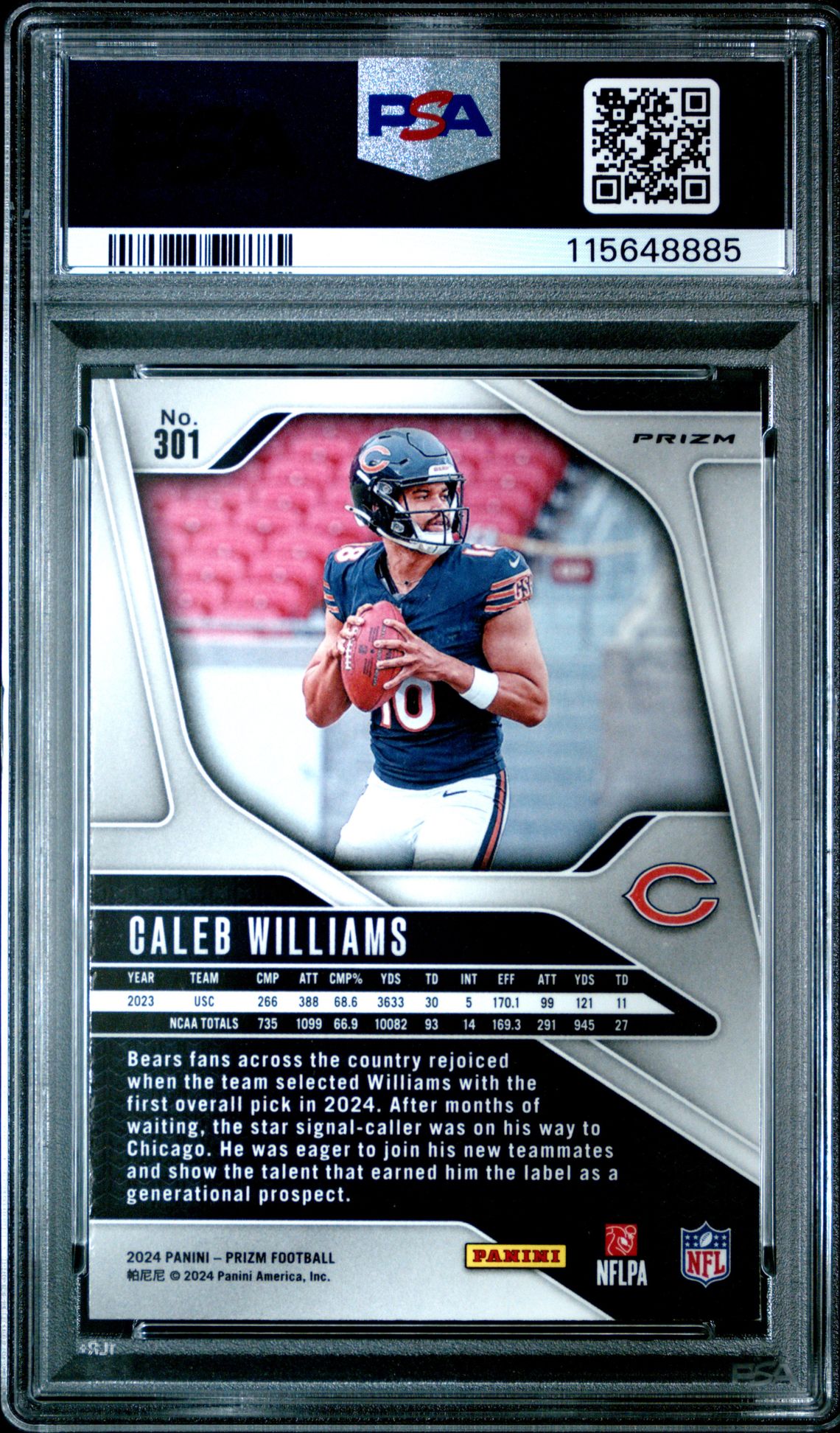 2024 Panini Prizm Caleb Williams #301 (Neon Green Pulsar) Mint 9 back