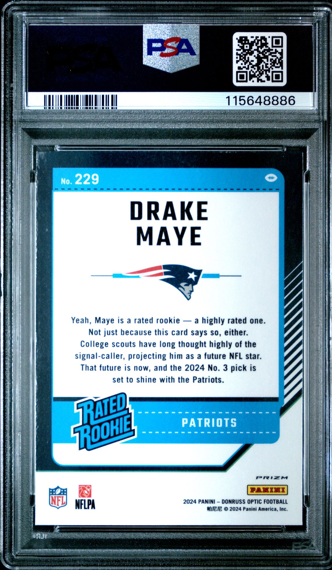 2024 Panini Donruss Optic Drake Maye #229 (Holo) Gem Mt 10 back