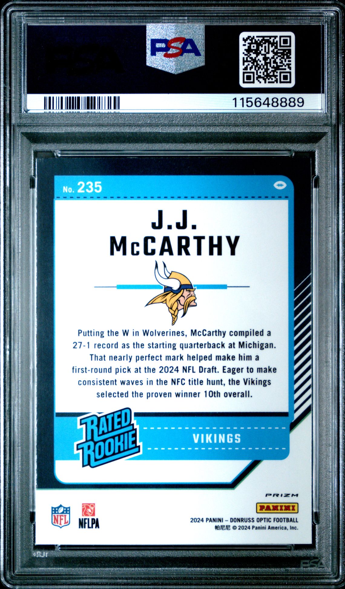 2024 Panini Donruss Optic Jj Mccarthy #235 (Teal Velocity) Gem Mt 10 back