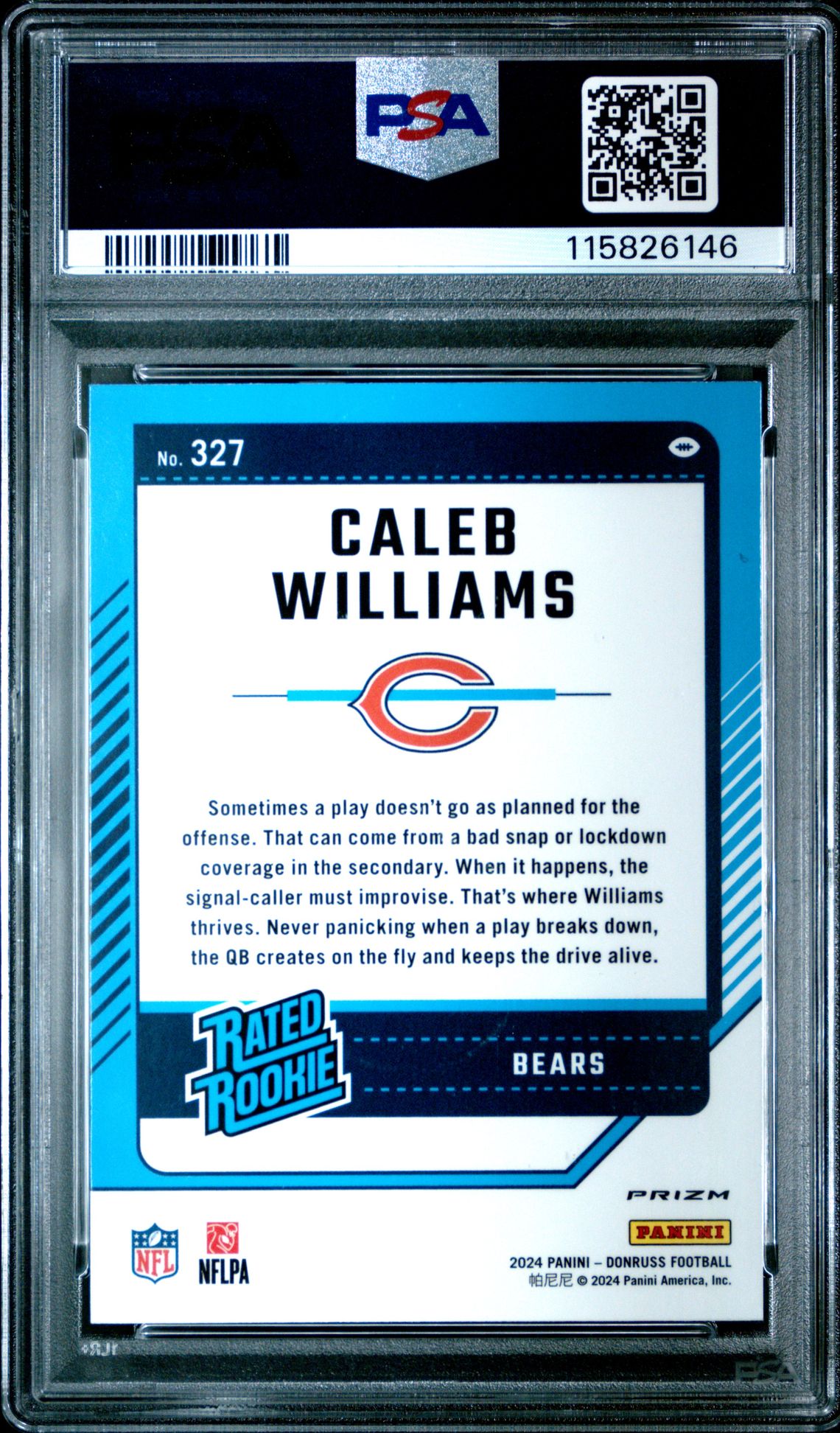 2024 Panini Donruss Caleb Williams #327 (Optic Preview-Blue Scope) Gem Mt 10 back