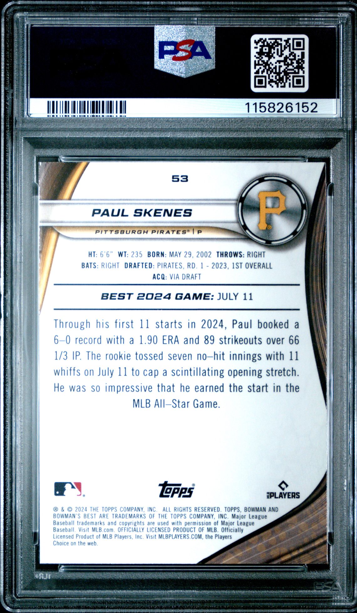 2024 Bowman's Best Paul Skenes #53 Gem Mt 10 back