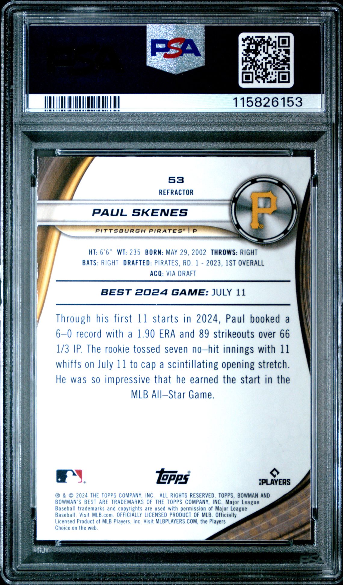 2024 Bowman's Best Paul Skenes #53 (Refractor) Gem Mt 10 back