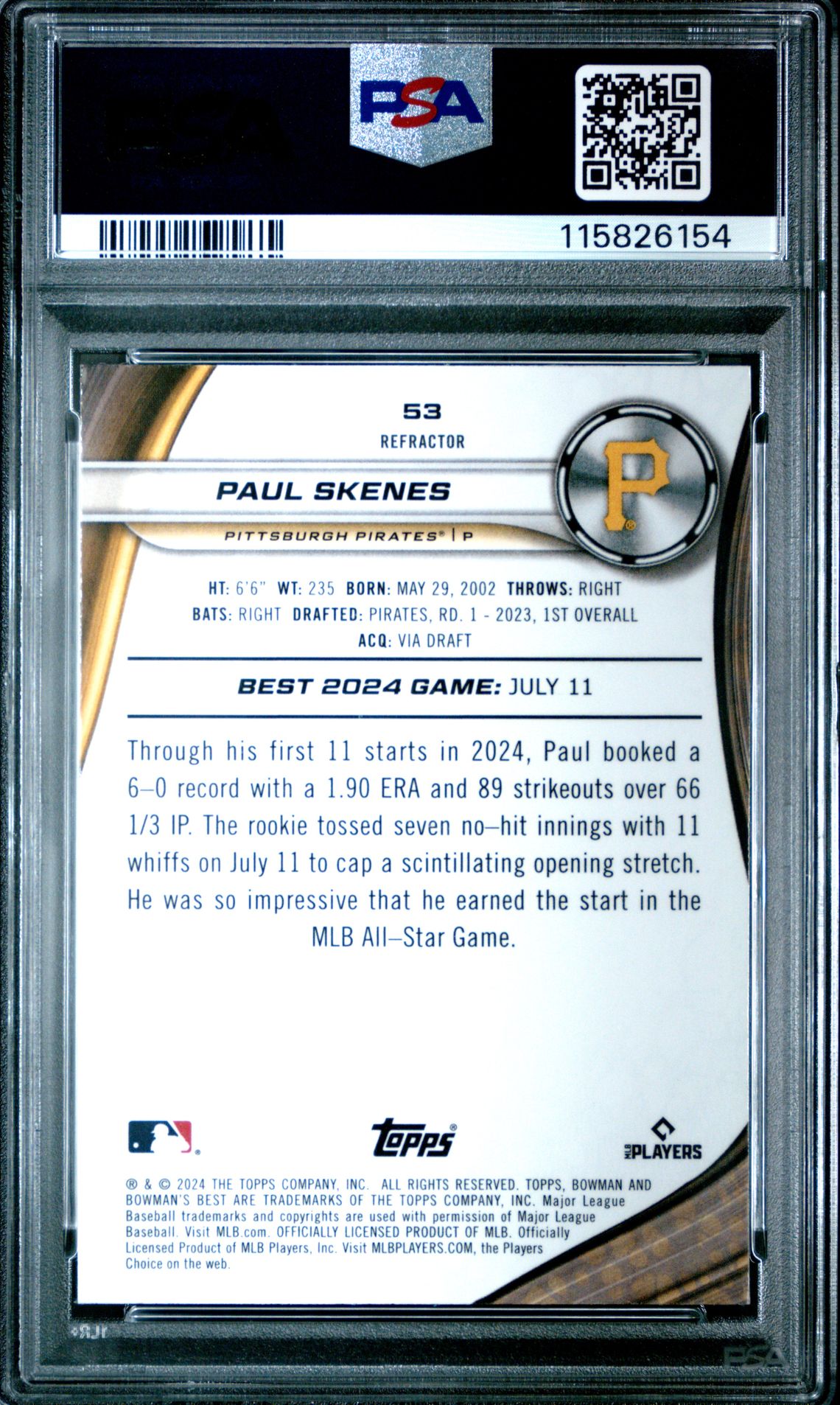 2024 Bowman's Best Paul Skenes #53 (Refractor) Gem Mt 10 back