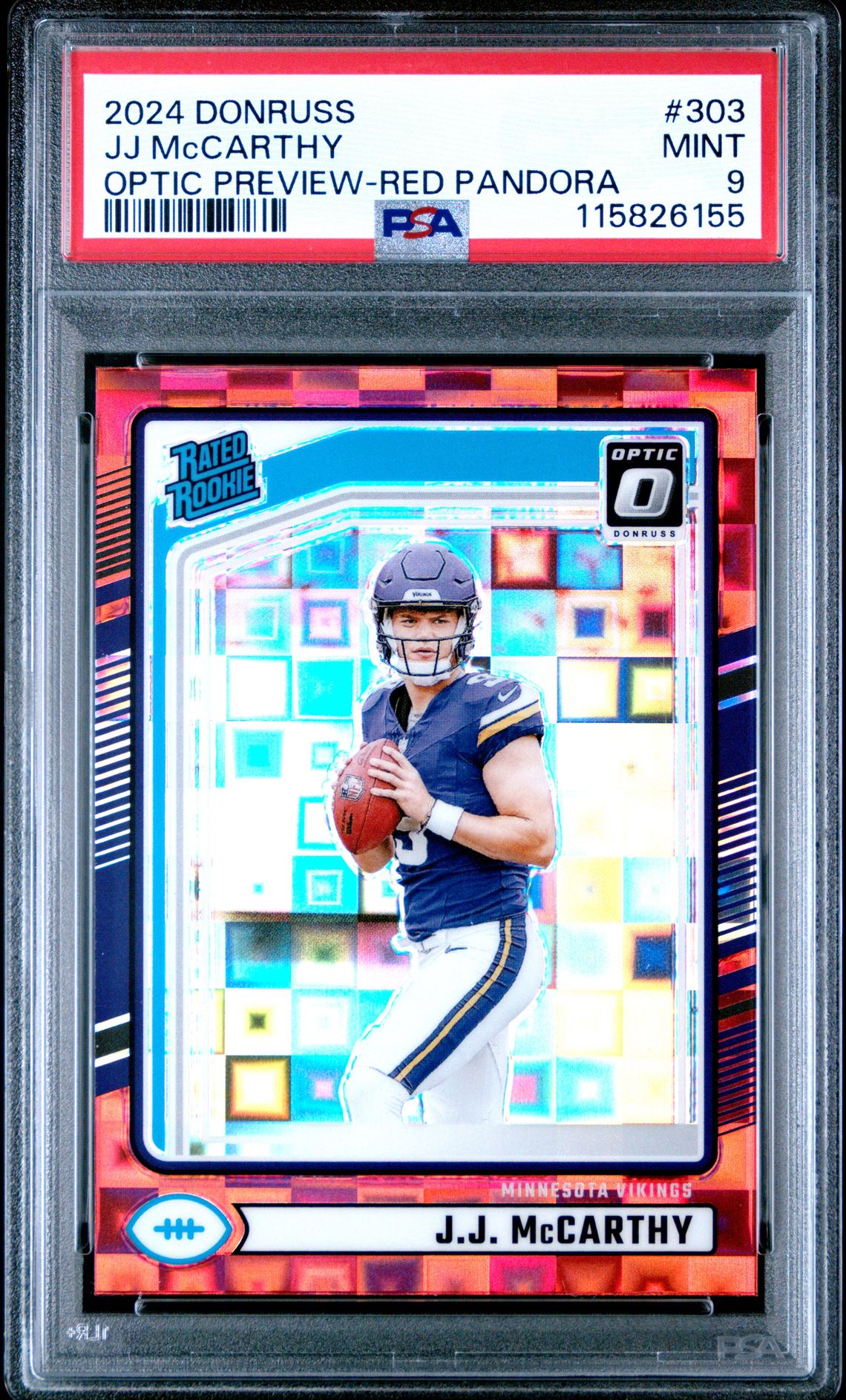 2024 Panini Donruss Jj Mccarthy #303 (Optic Preview-Red Pandora) Mint 9 front