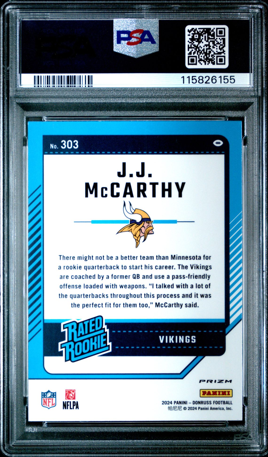 2024 Panini Donruss Jj Mccarthy #303 (Optic Preview-Red Pandora) Mint 9 back