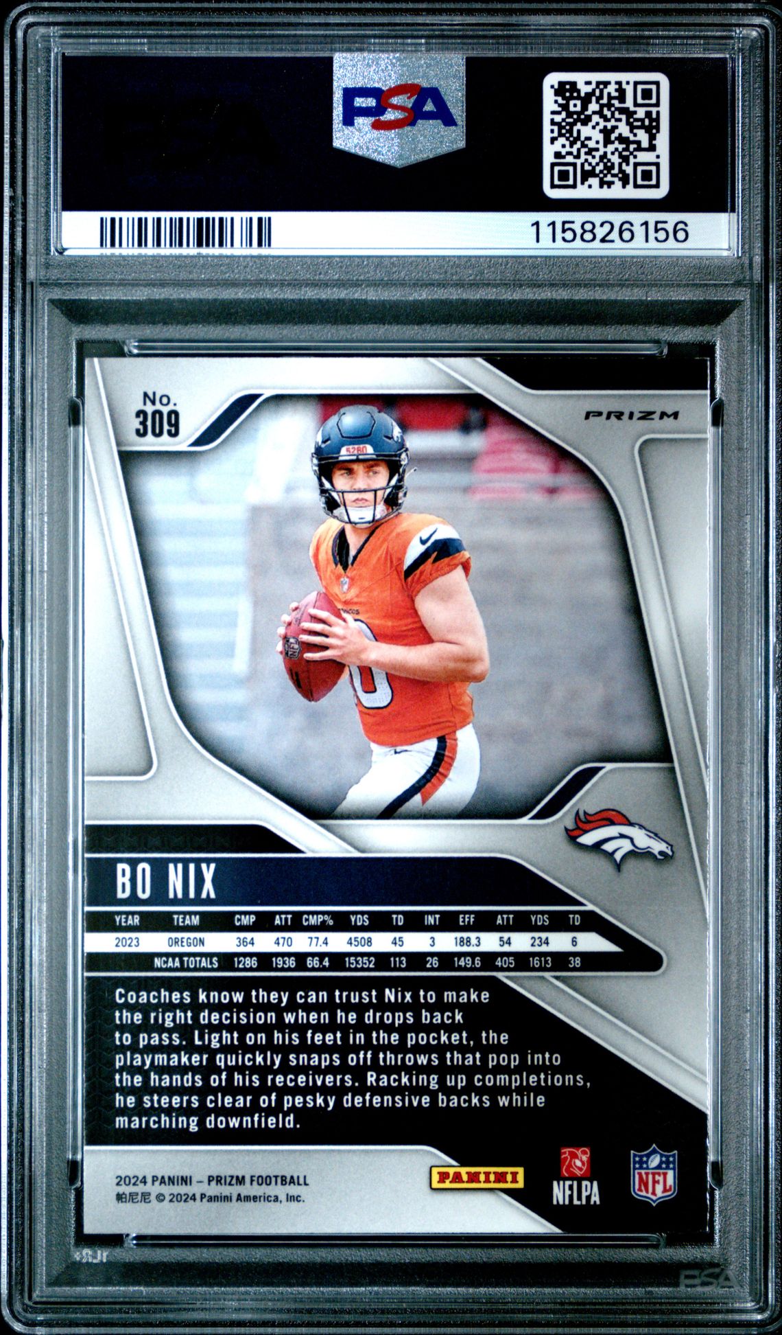2024 Panini Prizm Bo Nix #309 (Disco Prizm) Mint 9 back
