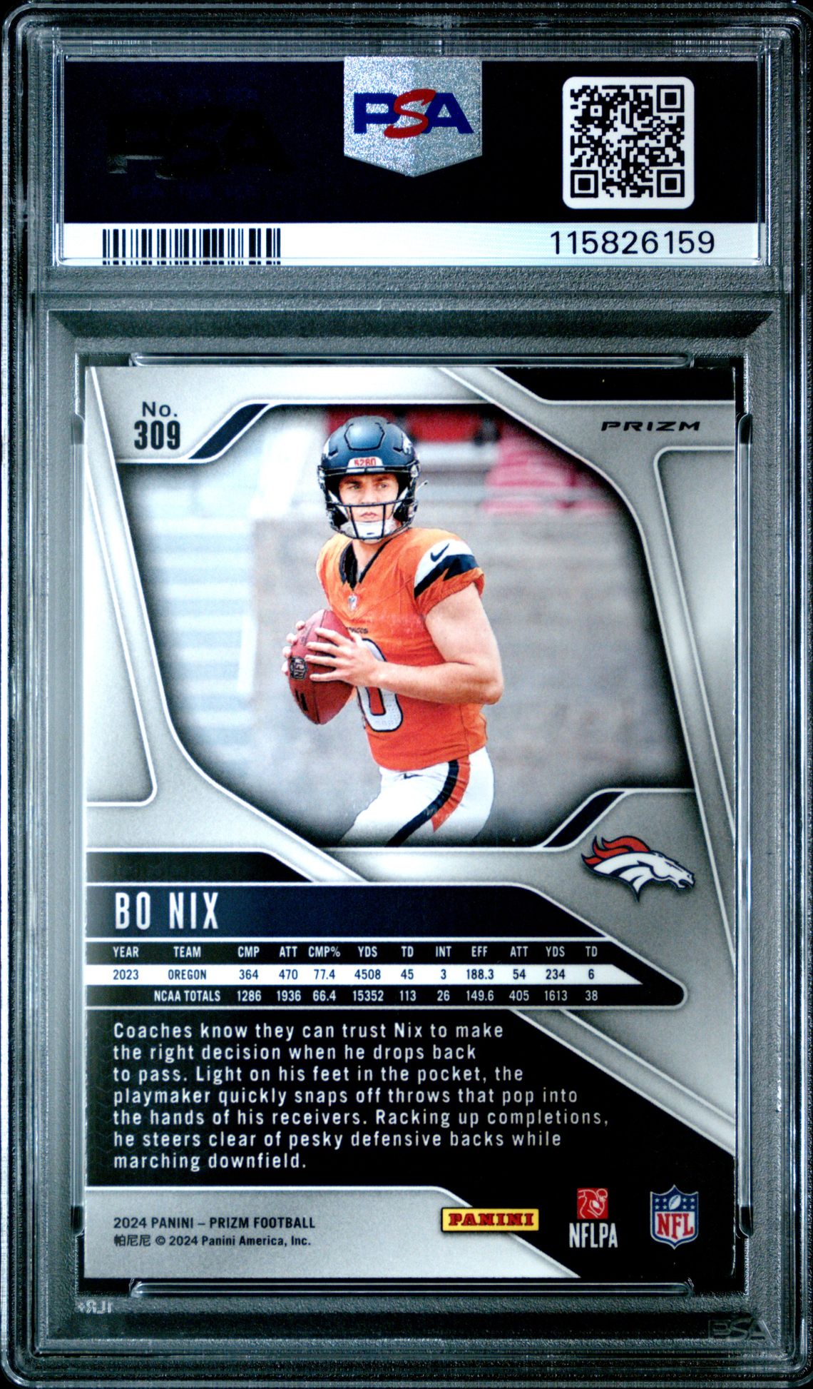 2024 Panini Prizm Bo Nix #309 (Lazer Prizm) Mint 9 back