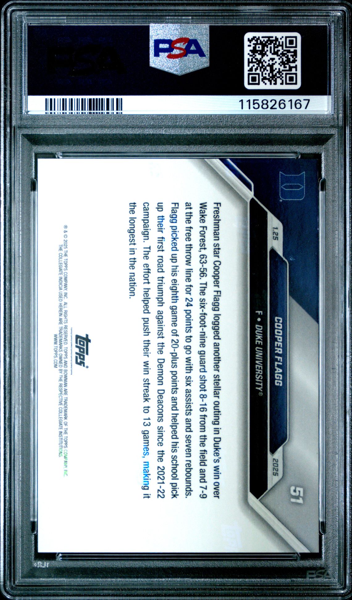 2024-25 Bowman U Now Cooper Flagg #51 Gem Mt 10 back