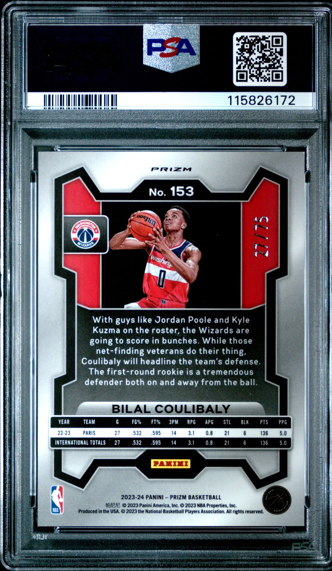 2023 Panini Prizm Bilal Coulibaly #153 (Purple Fast Break) Gem Mt 10 back