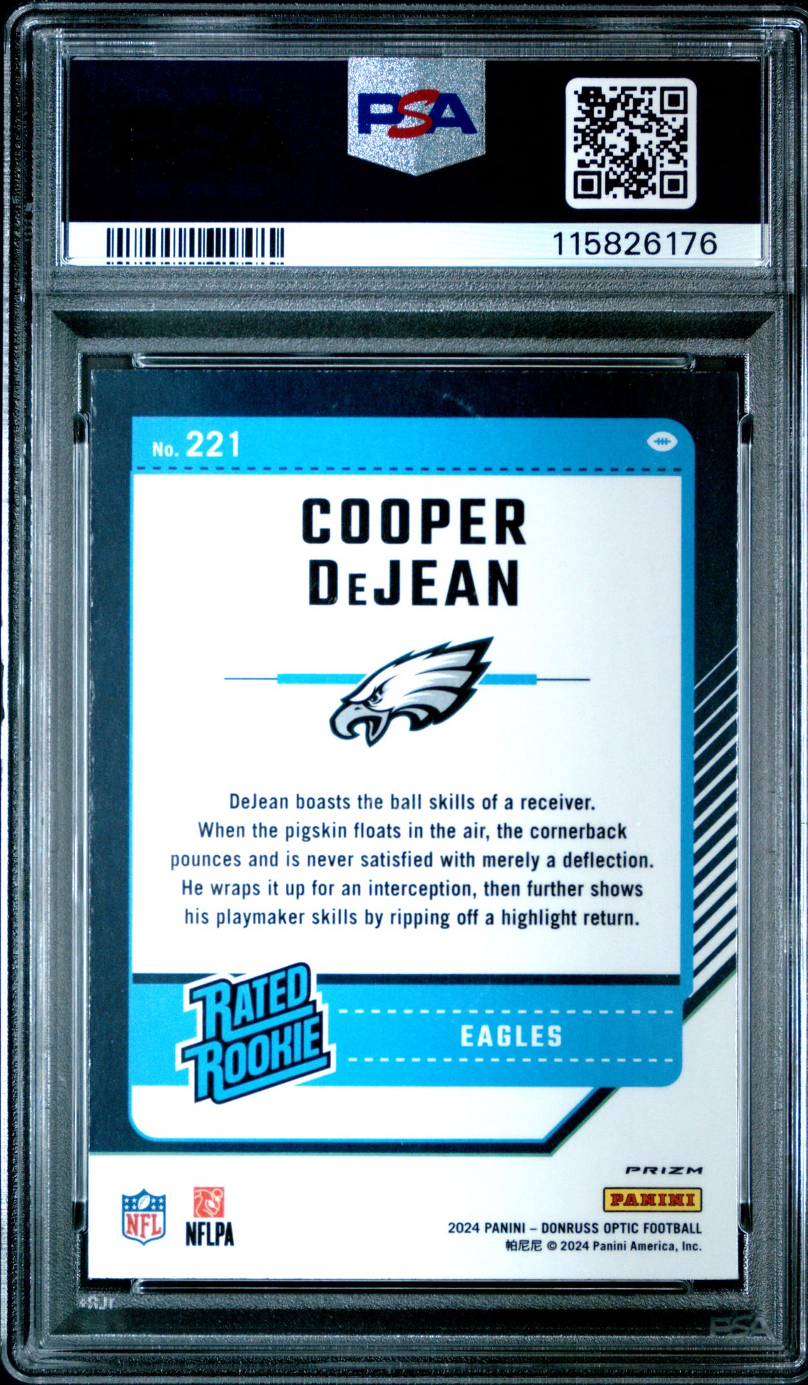 2024 Panini Donruss Optic Cooper Dejean #221 (Holo) Gem Mt 10 back