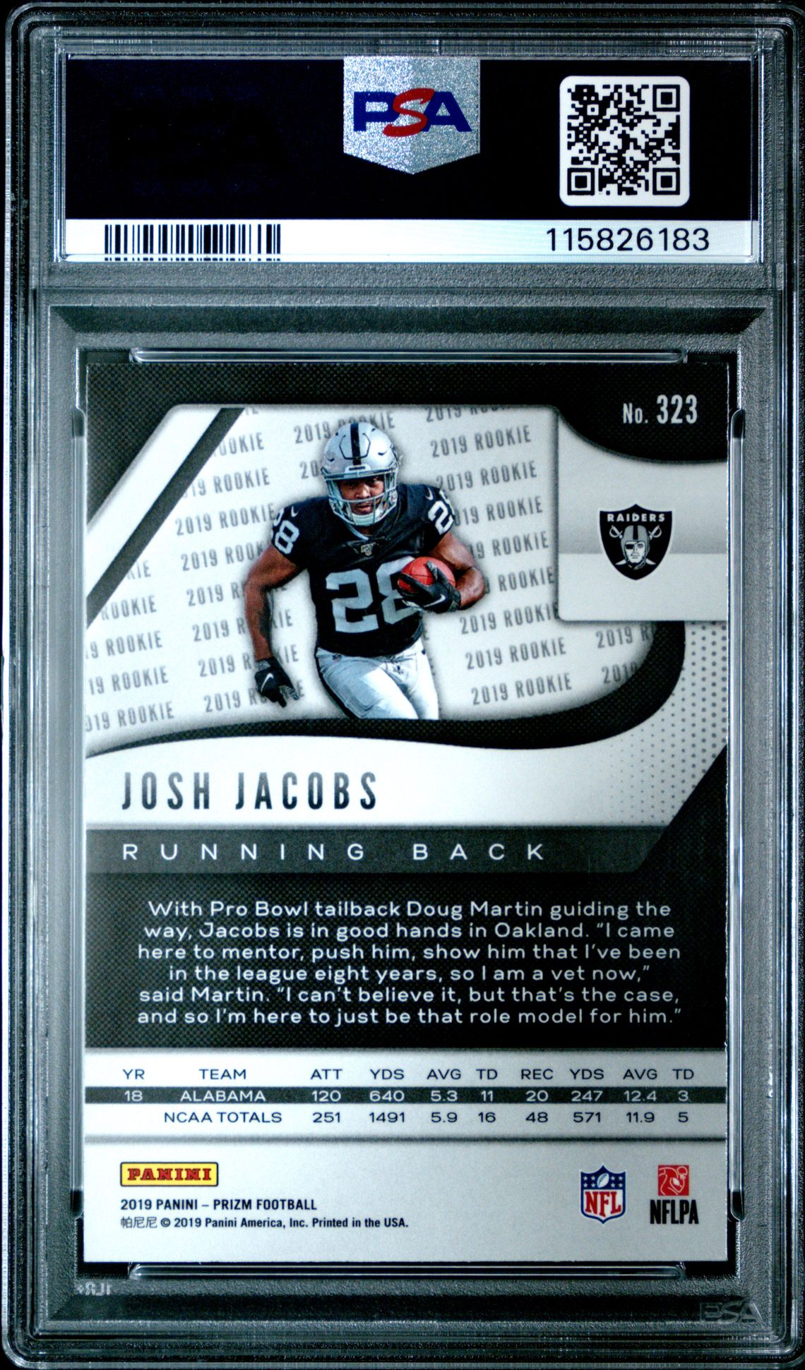 2019 Panini Prizm Josh Jacobs #323 Gem Mt 10 back
