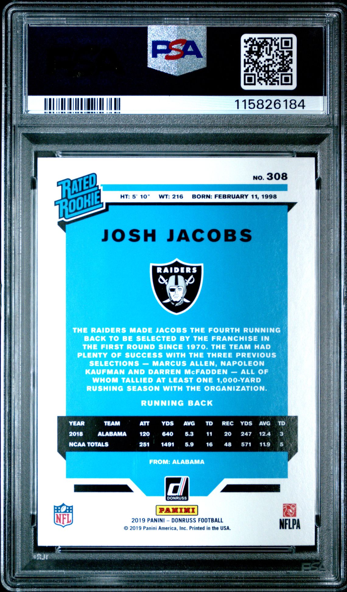 2019 Panini Donruss Josh Jacobs #308 Mint 9 back