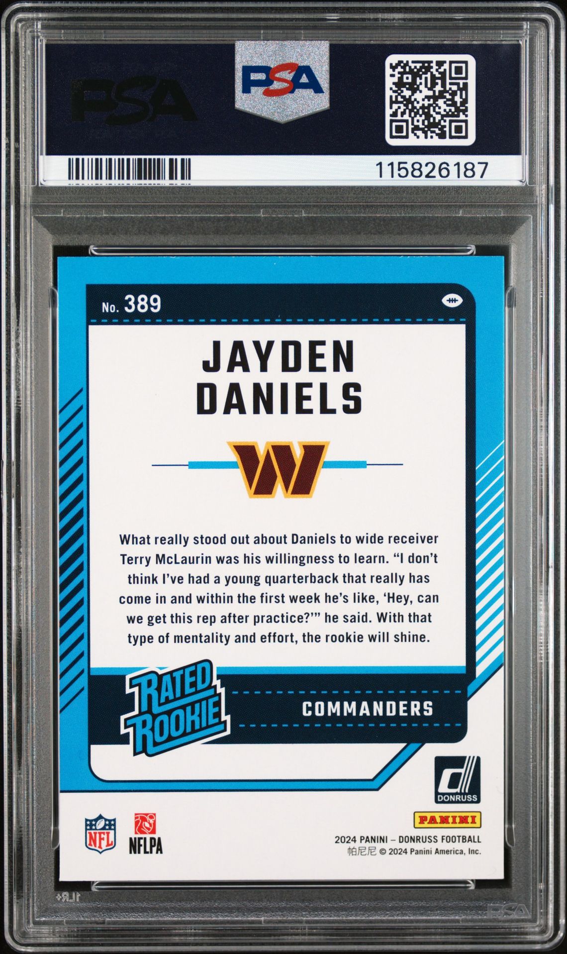 2024 Panini Donruss Jayden Daniels #389 Gem Mt 10 back