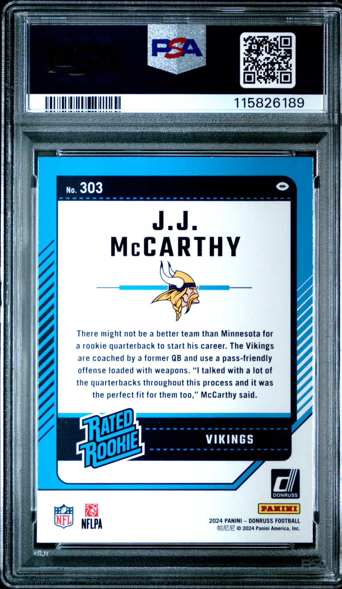 2024 Panini Donruss Jj Mccarthy #303 Gem Mt 10 back