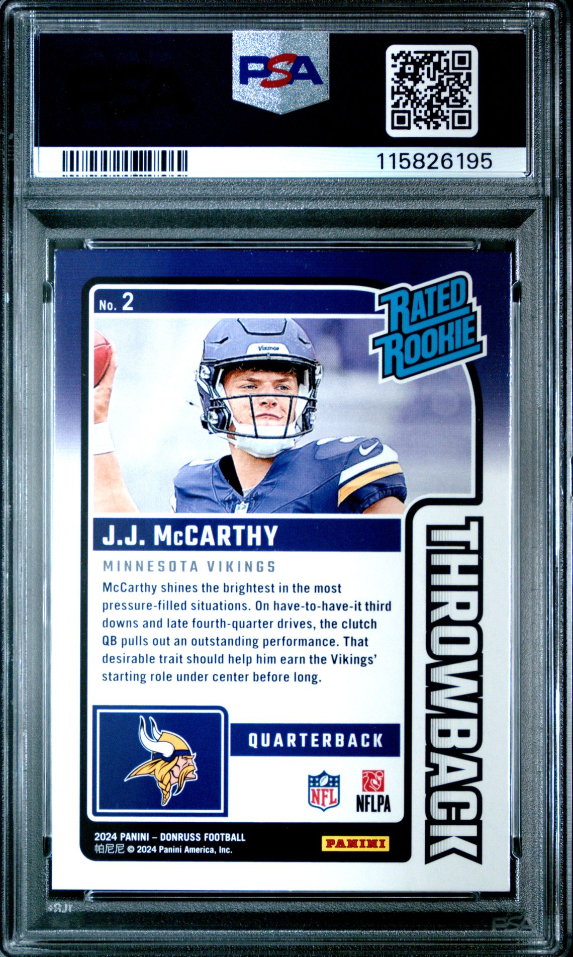 2024 Panini Donruss Rated Rookies Throwback Jj Mccarthy #2 Mint 9 back