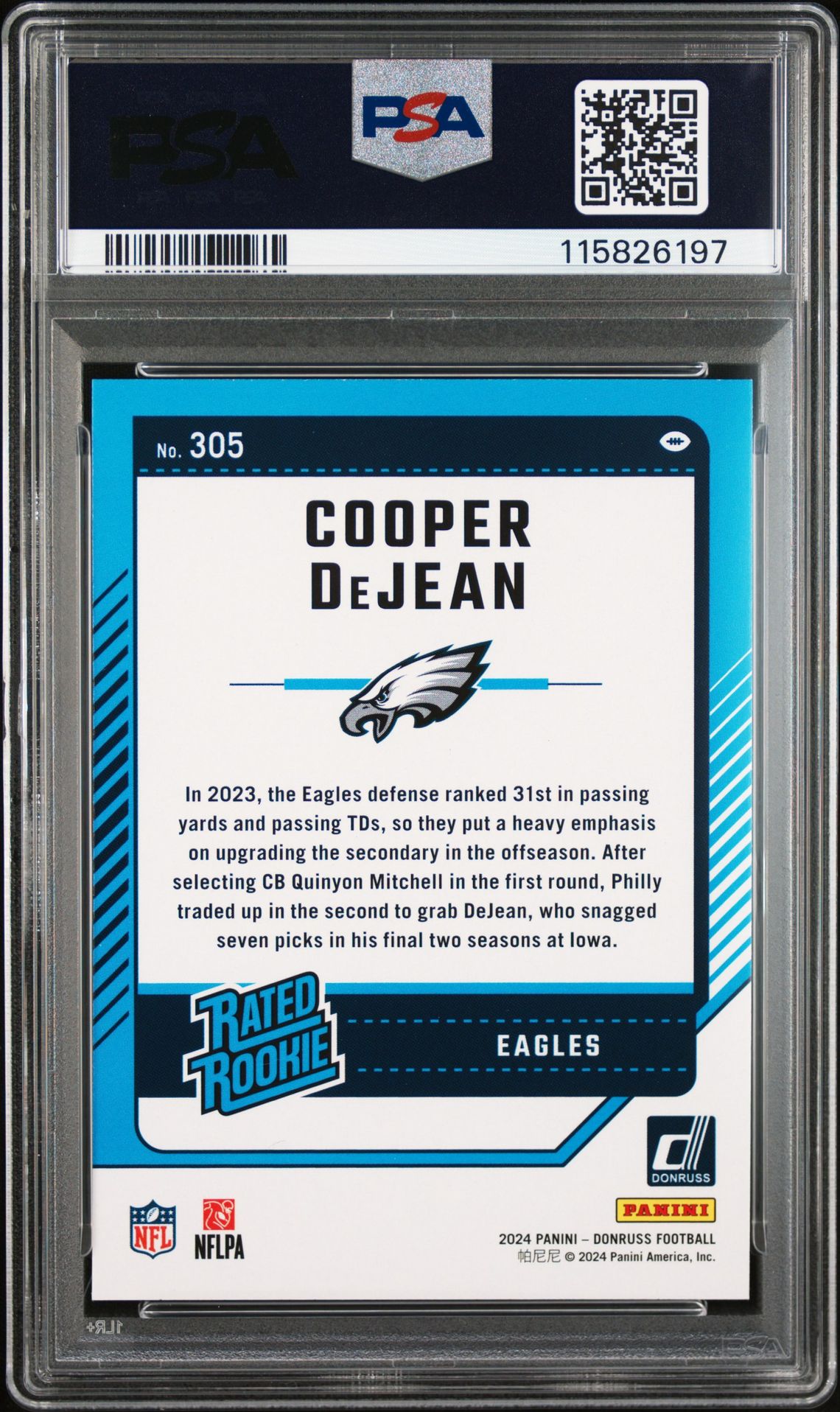 2024 Panini Donruss Cooper Dejean #305 (Press Proof Blue) Mint 9 back