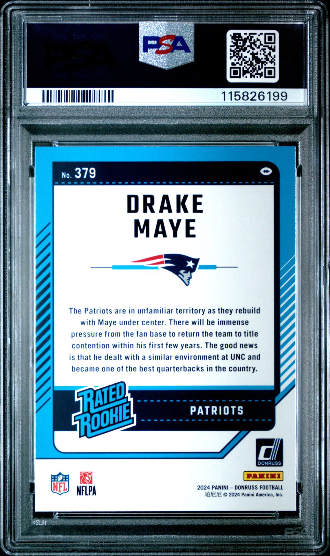2024 Panini Donruss Drake Maye #379 (Press Proof Blue) Mint 9 back