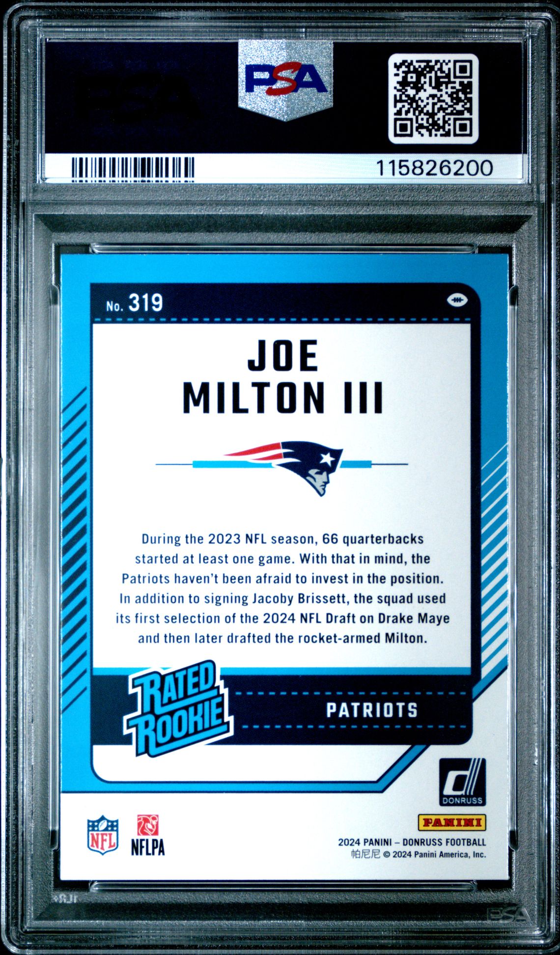 2024 Panini Donruss Joe Milton Iii #319 (Press Proof Blue) Mint 9 back