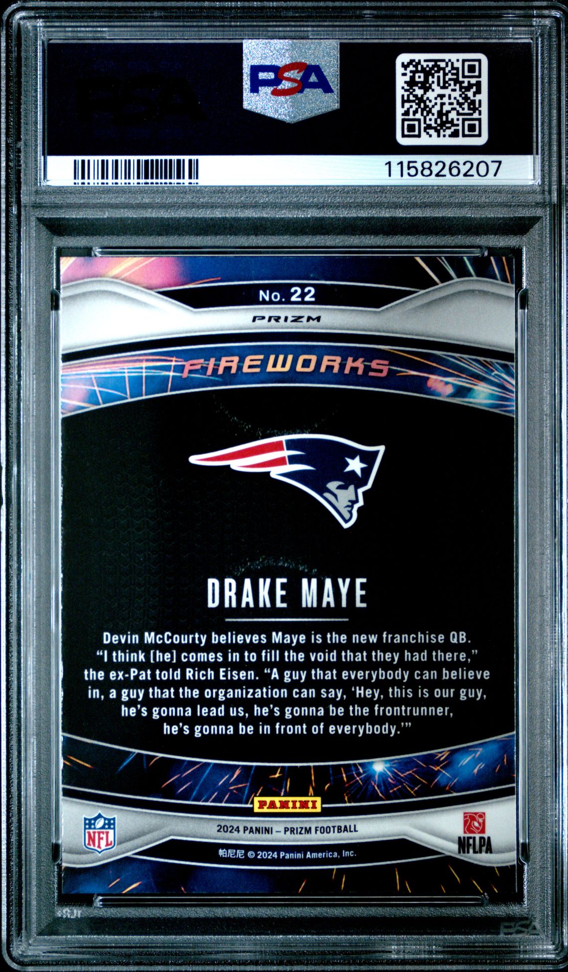 2024 Panini Prizm Fireworks Drake Maye #22 (Fireworks-Green Prizm) Gem Mt 10 back