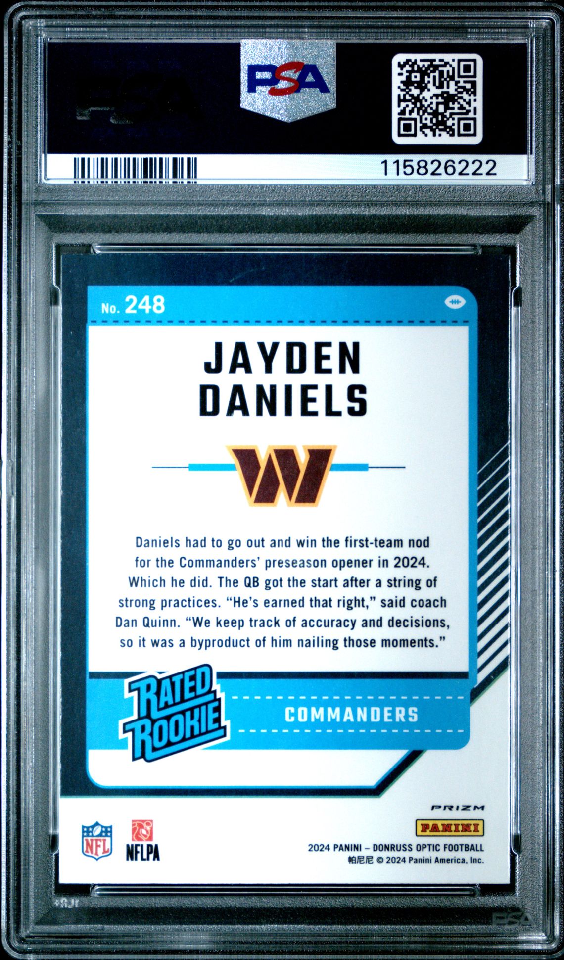 2024 Panini Donruss Optic Jayden Daniels #248 (Holo) Gem Mt 10 back