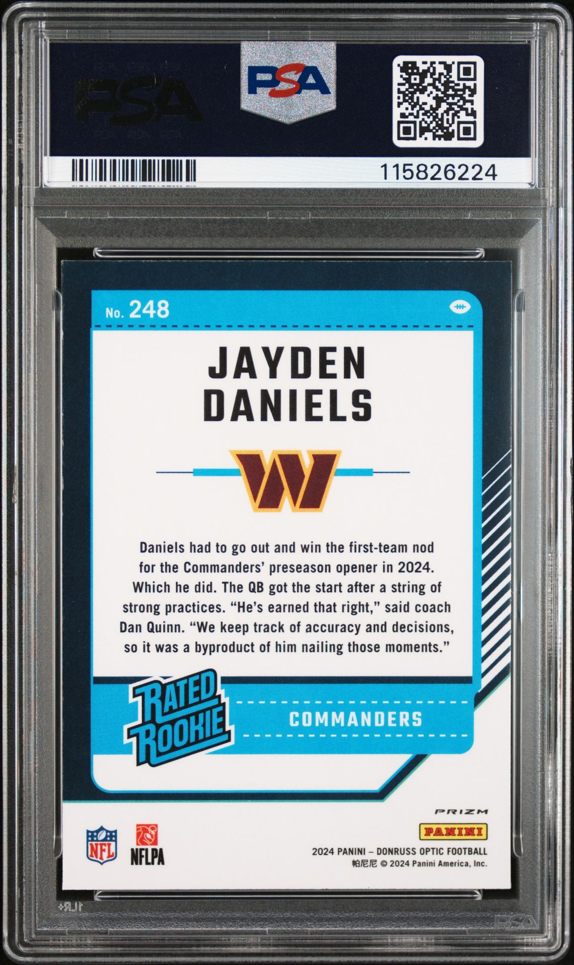 2024 Panini Donruss Optic Jayden Daniels #248 (Purple Shock) Gem Mt 10 back