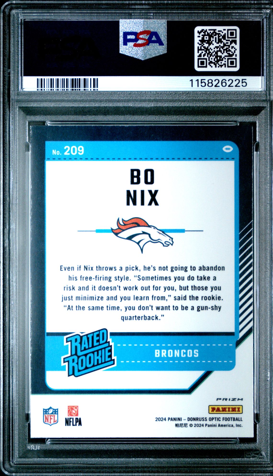 2024 Panini Donruss Optic Bo Nix #209 (Purple Shock) Gem Mt 10 back