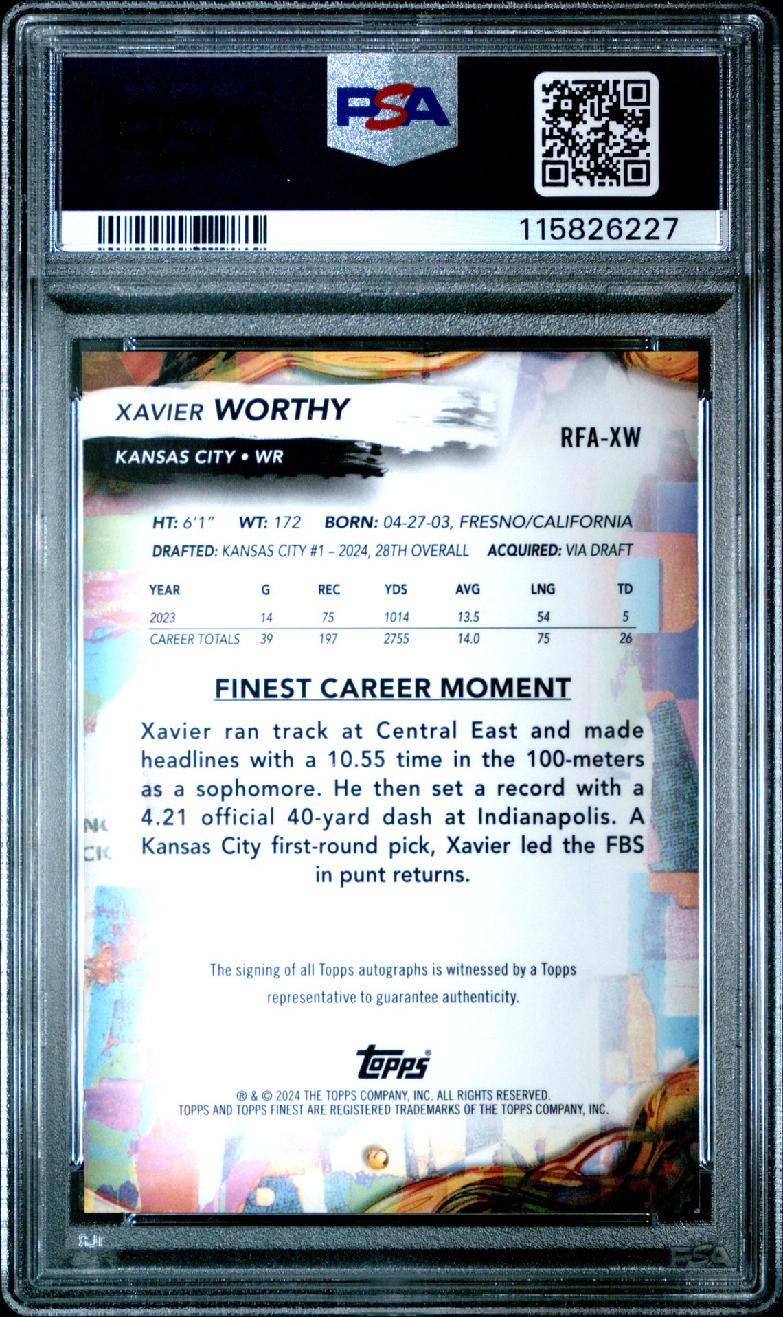 2024 Topps Finest Rookie Finest Autographs Xavier Worthy #Rfaxw (Rookie Finest Au-Black Ref) Mint 9 back