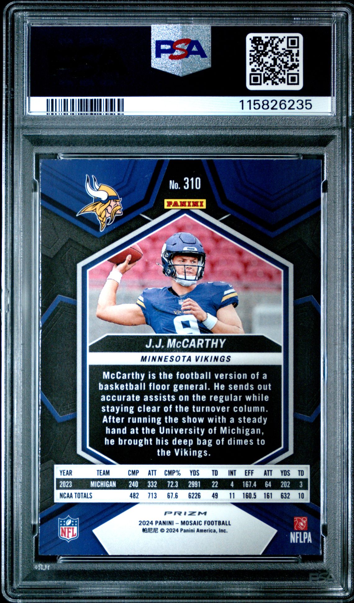 2024 Panini Mosaic Jj Mccarthy #310 (Camo Pink) Mint 9 back