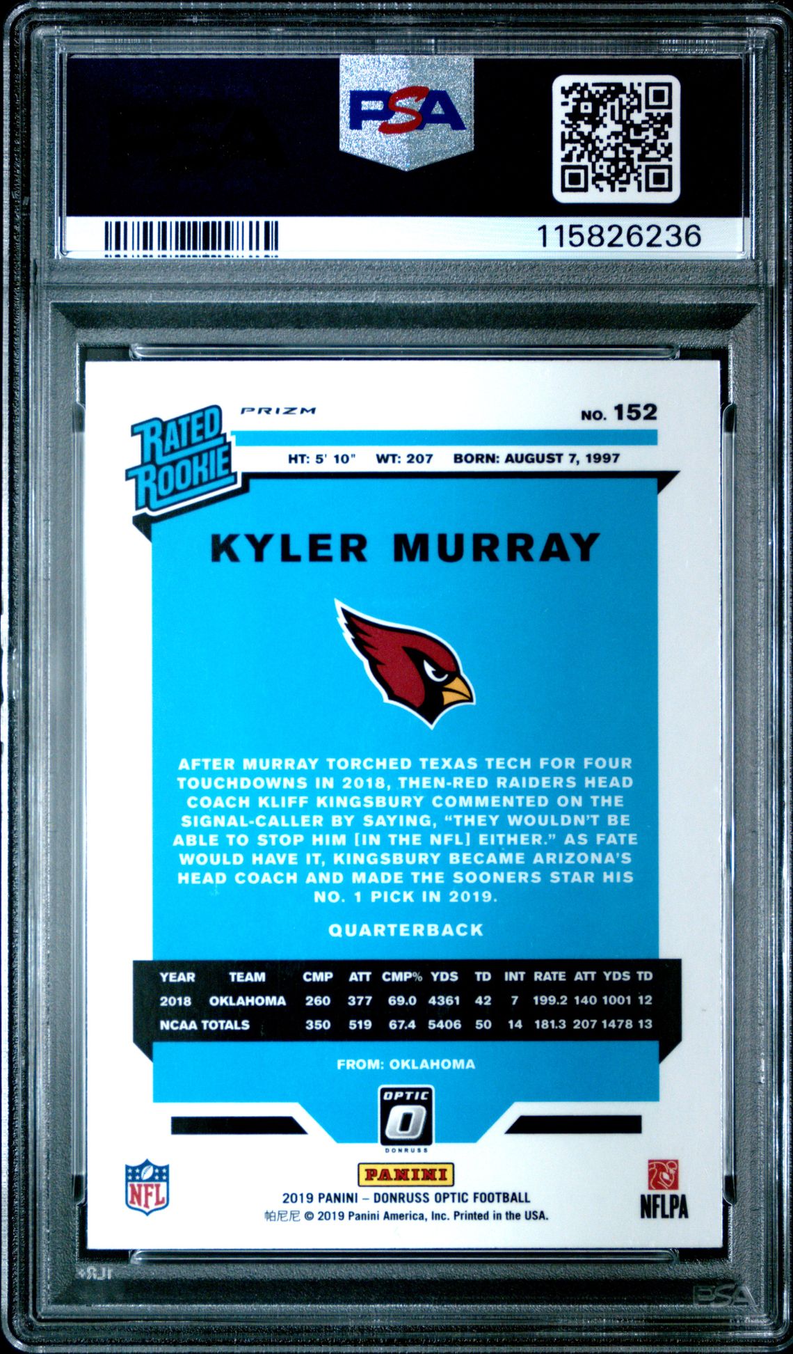 2019 Panini Donruss Optic Kyler Murray #152 (Pink) Mint 9 back