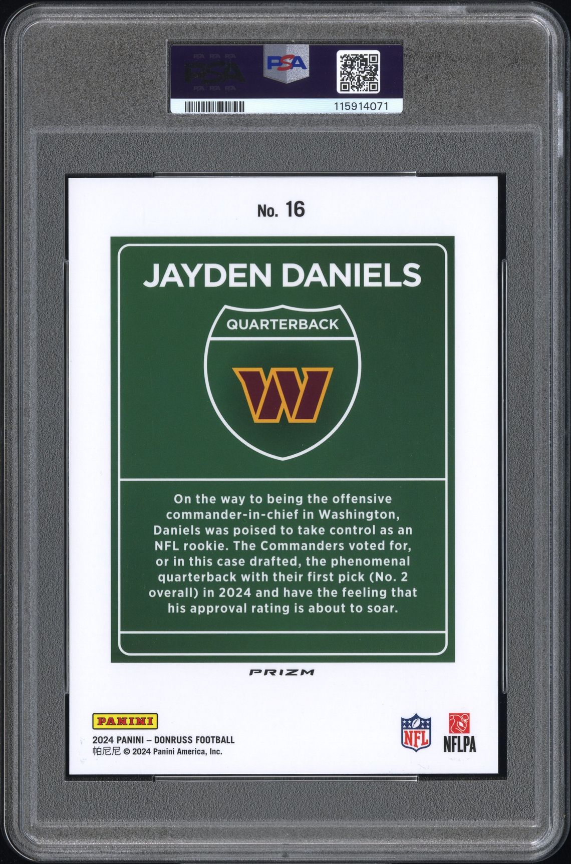 2024 Panini Donruss Downtown! Jayden Daniels #16 (Downtown!-Oversize) Mint 9 back