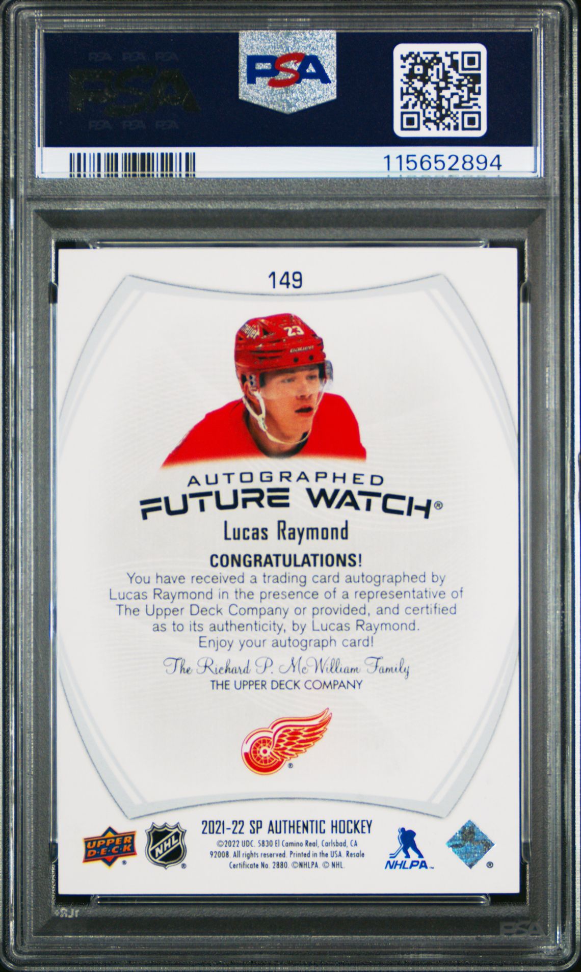 2021 Sp Authentic Lucas Raymond #149 (Autograph) Mint 9 back