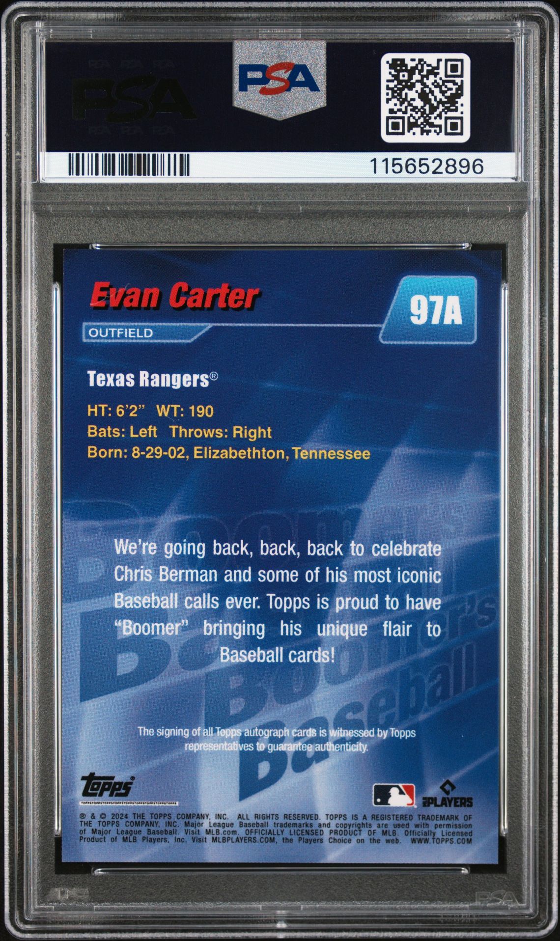 2024 Topps X Chris Berman: Boomer's Baseball Evan Carter #97A (Autograph-Yellow) Mint 9 back