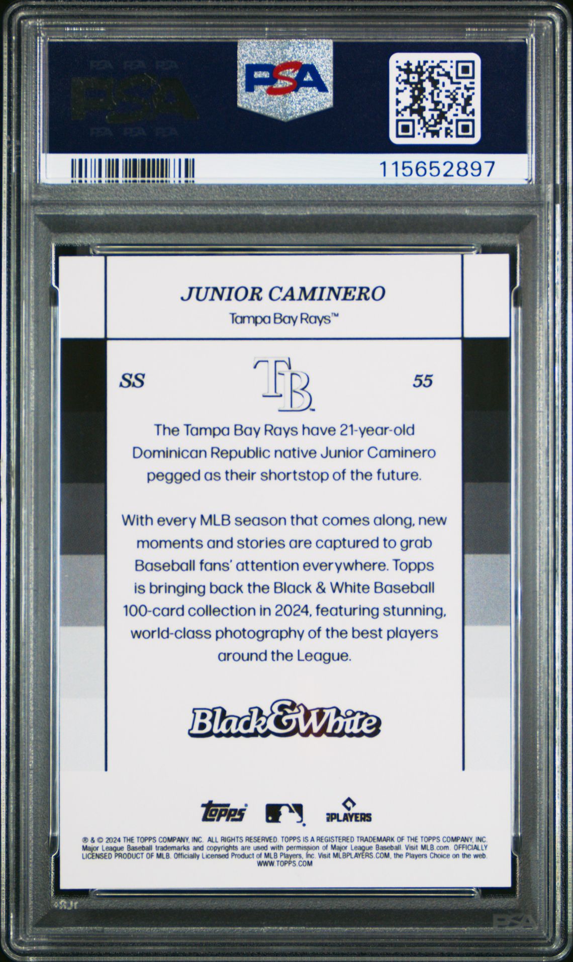 2024 Topps Black And White Junior Caminero #55 (Green) Gem Mt 10 back