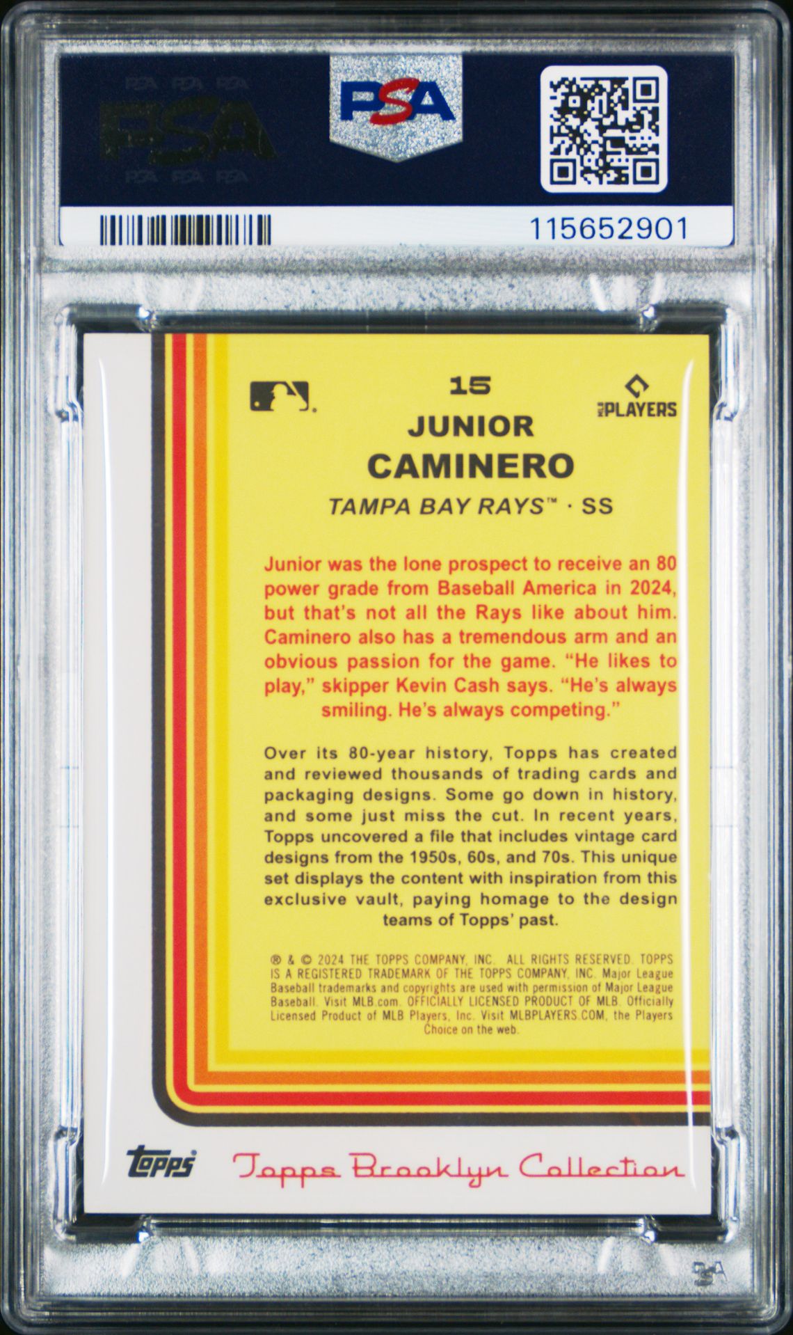 2024 Topps Brooklyn Collection Junior Caminero #15 (Chartreuse) Gem Mt 10 back