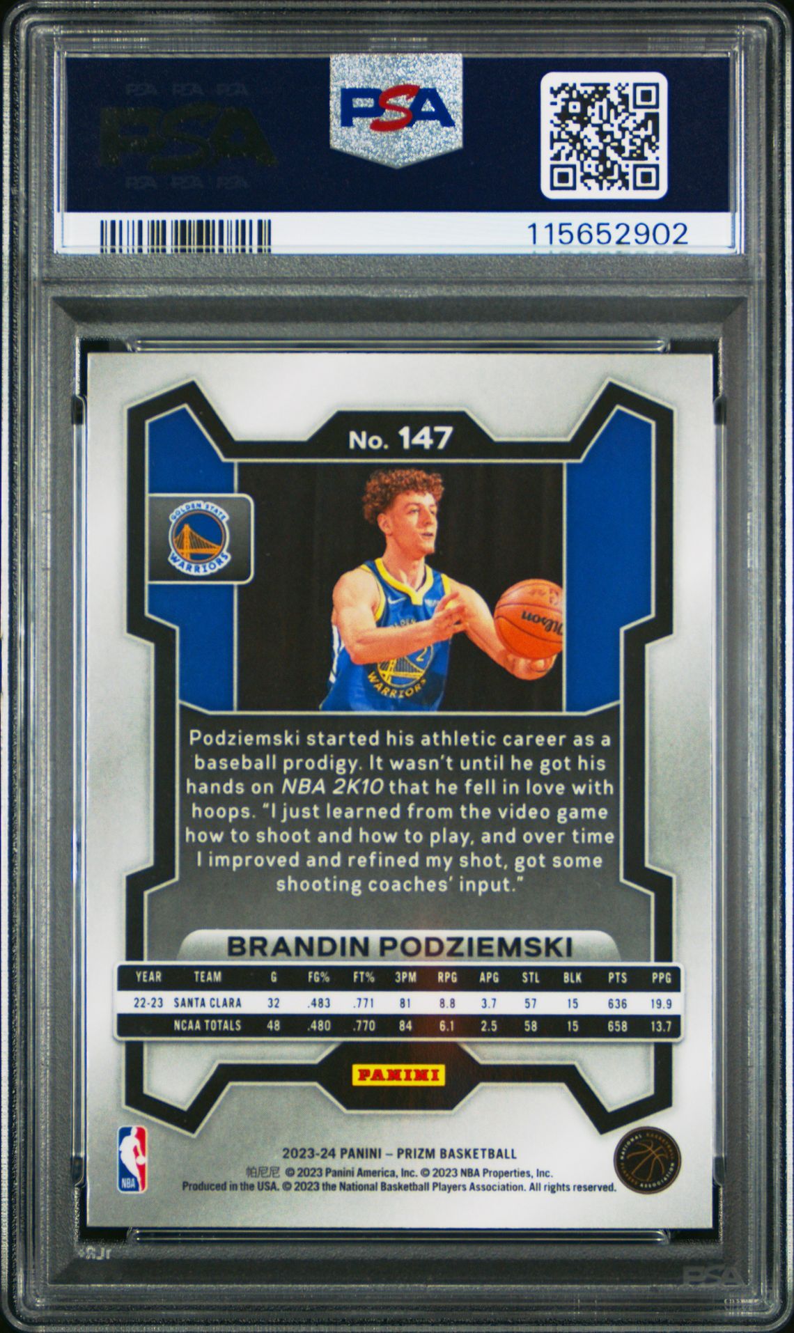 2023 Panini Prizm Brandin Podziemski #147 Gem Mt 10 back