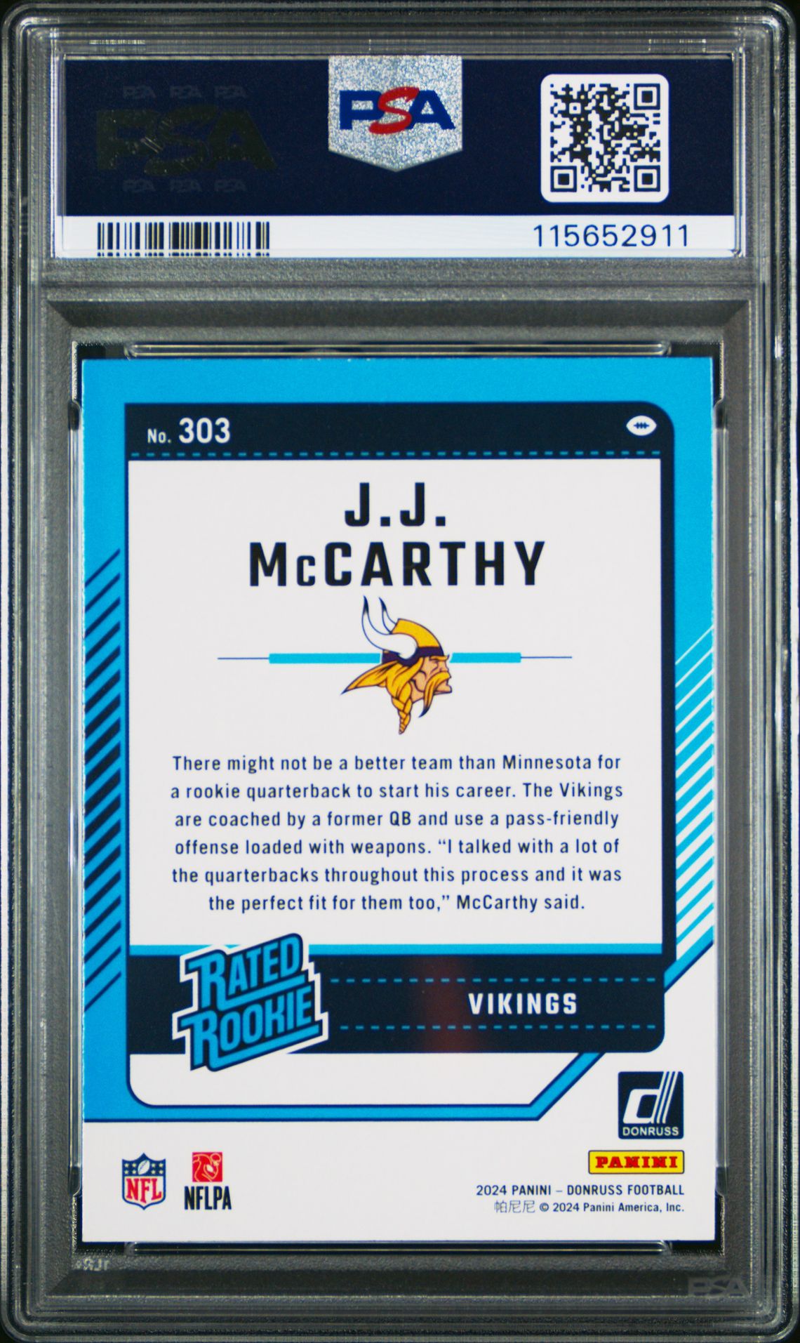 2024 Panini Donruss Jj Mccarthy #303 Gem Mt 10 back