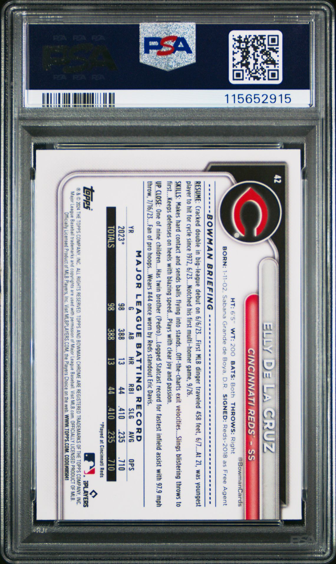 2024 Bowman Chrome Sapphire Edition Elly De La Cruz #42 Gem Mt 10 back