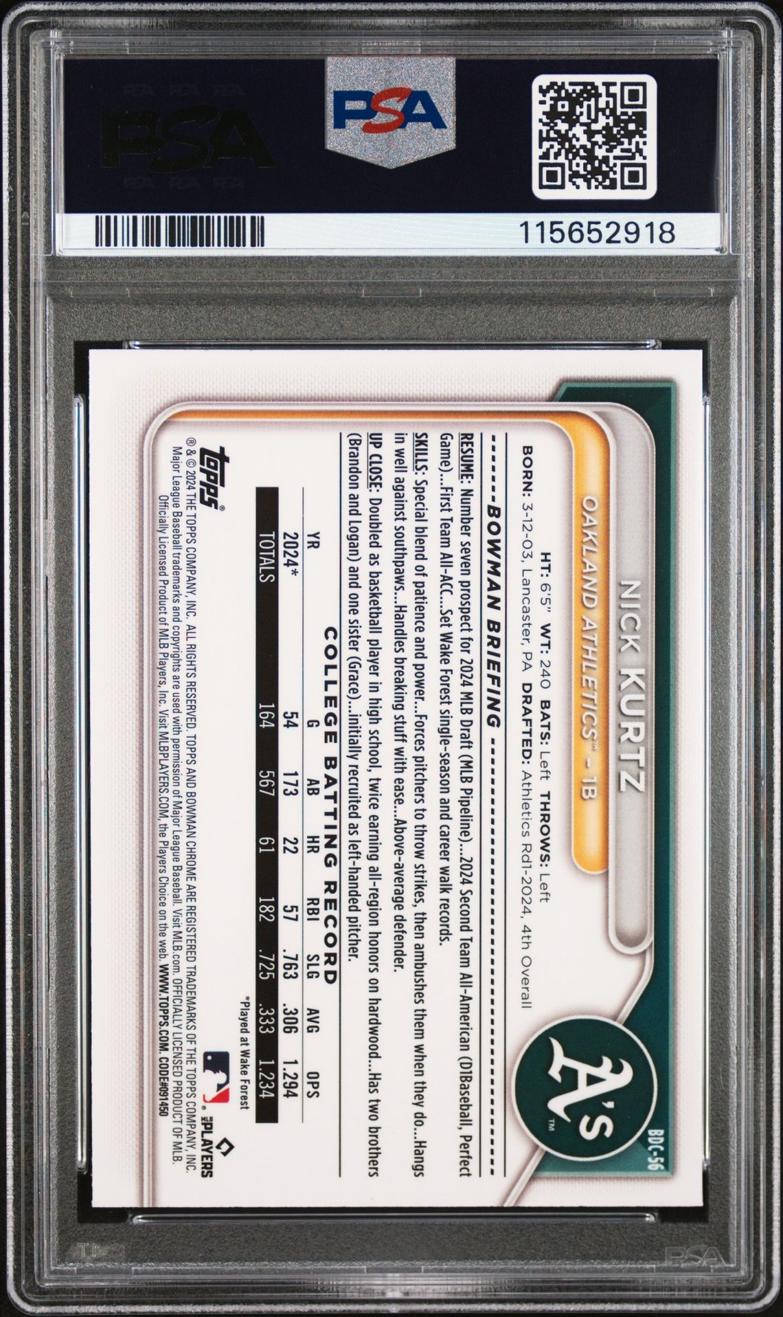 2024 Bowman Draft Sapphire Edition Nick Kurtz #Bdc56 Mint 9 back