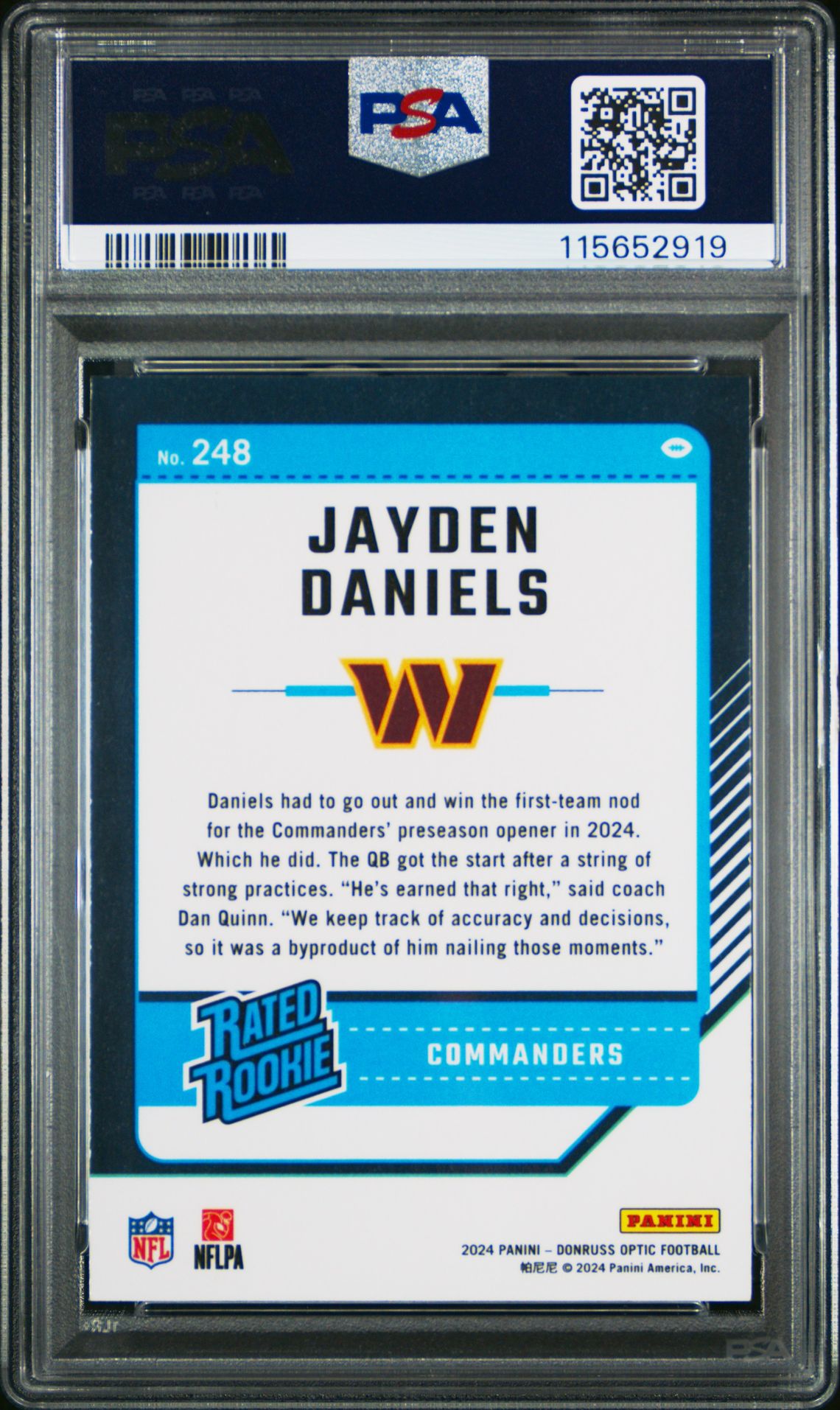 2024 Panini Donruss Optic Jayden Daniels #248 Gem Mt 10 back