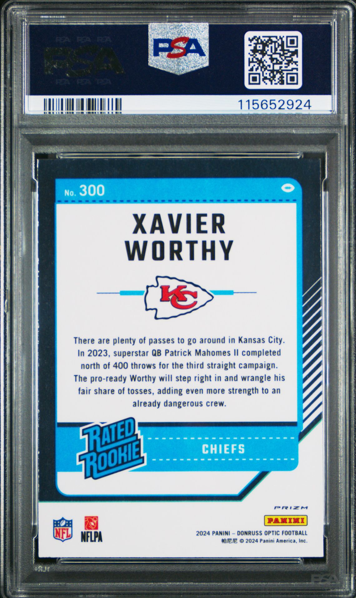 2024 Panini Donruss Optic Xavier Worthy #300 (Purple Shock) Gem Mt 10 back