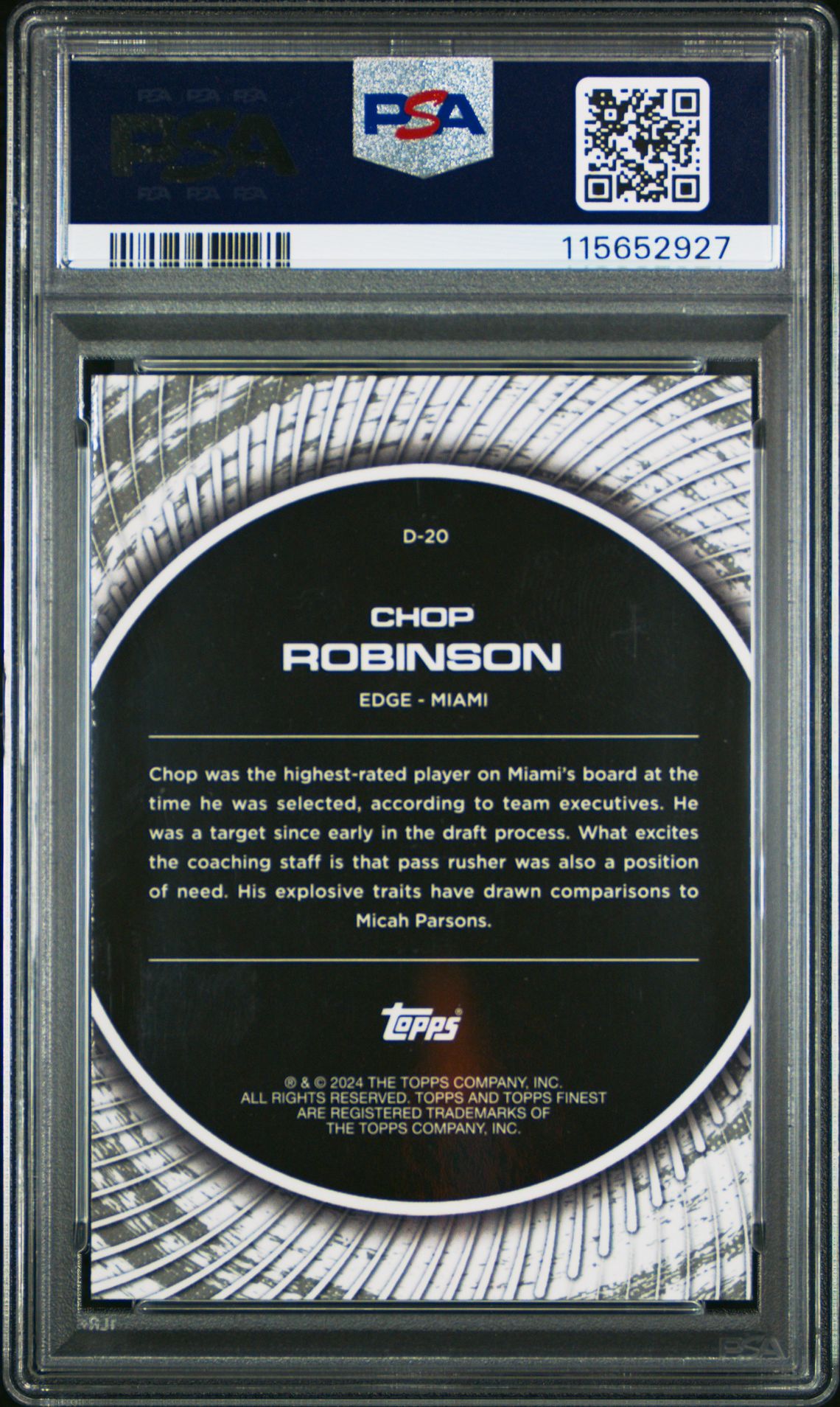2024 Topps Finest Debut Chop Robinson #D20 (Debut-Green Refractor) Gem Mt 10 back