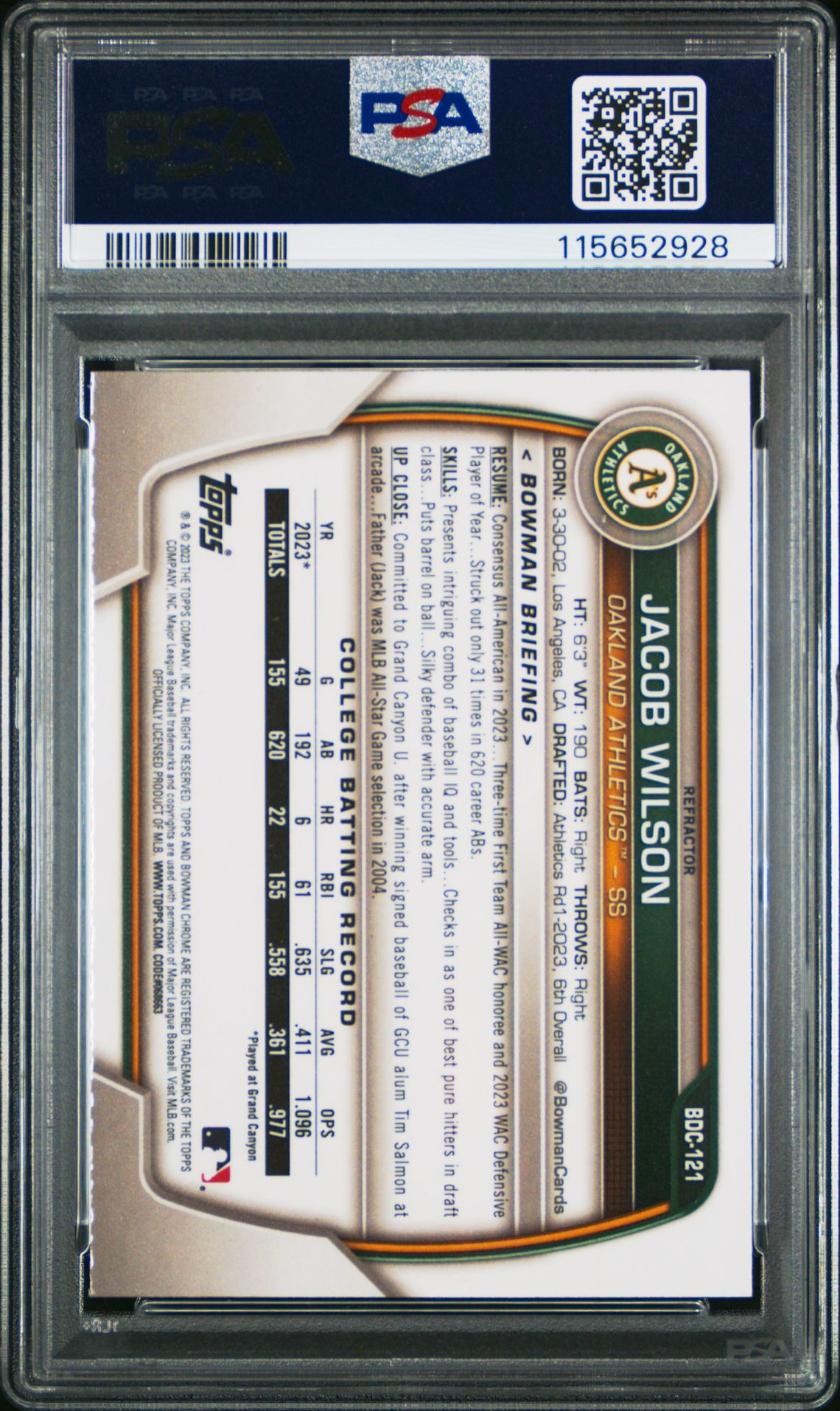 2023 Bowman Draft Jacob Wilson #Bdc121 (Chrome-Refractor) Gem Mt 10 back