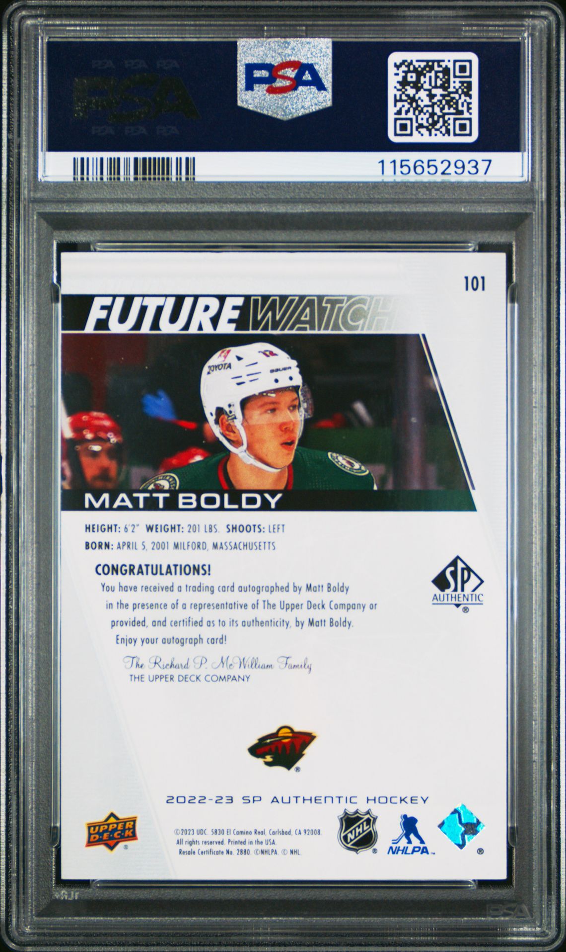 2022 Sp Authentic Matt Boldy #101 (Autograph) Mint 9 back