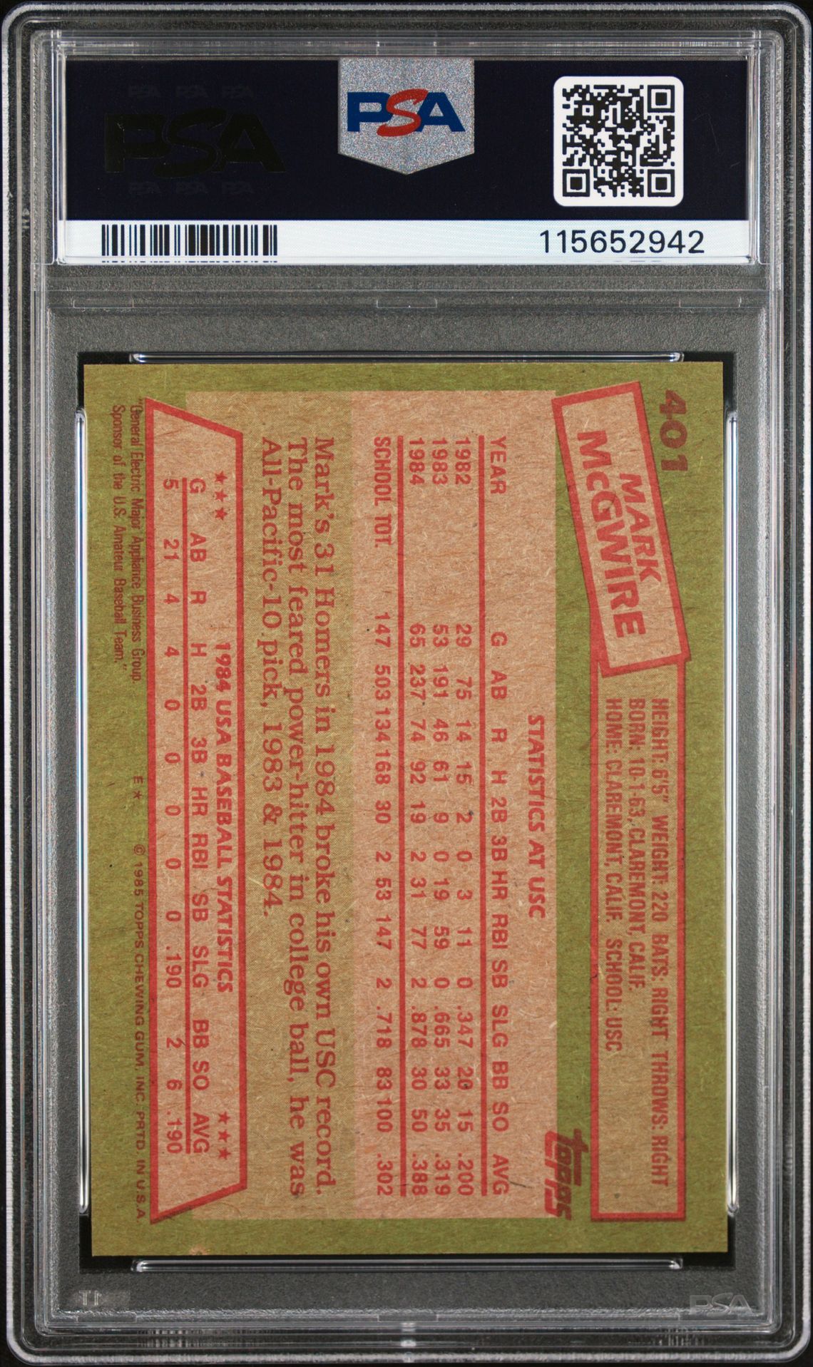 1985 Topps Mark Mcgwire #401 (1984 Usa Baseball Team) Nm-Mt 8 back