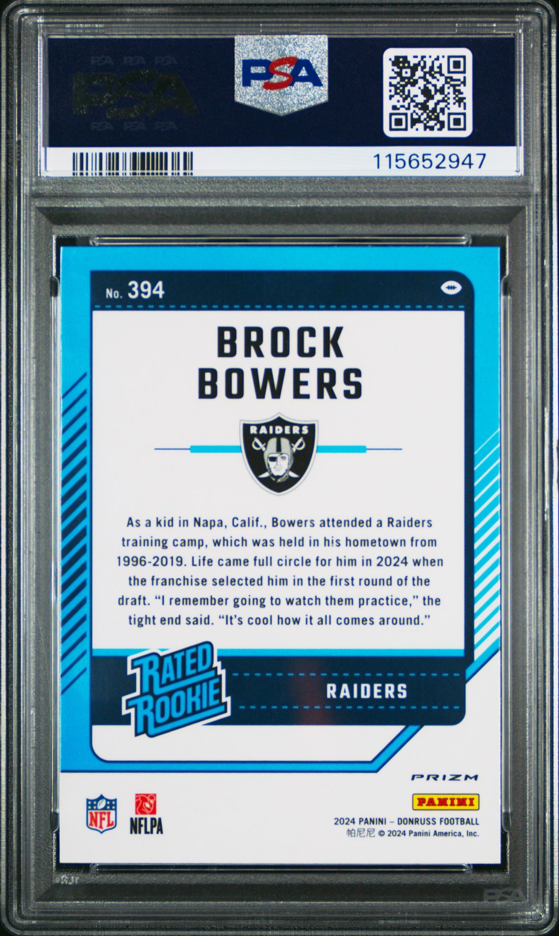 2024 Panini Donruss Brock Bowers #394 (Optic Preview-Blue Scope) Gem Mt 10 back